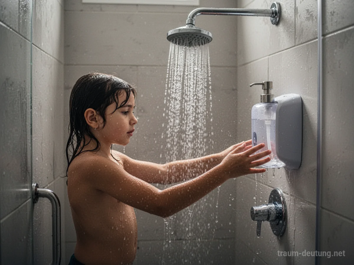 Jemand steht unter der Dusche und sucht nach Seife, die fehlt.