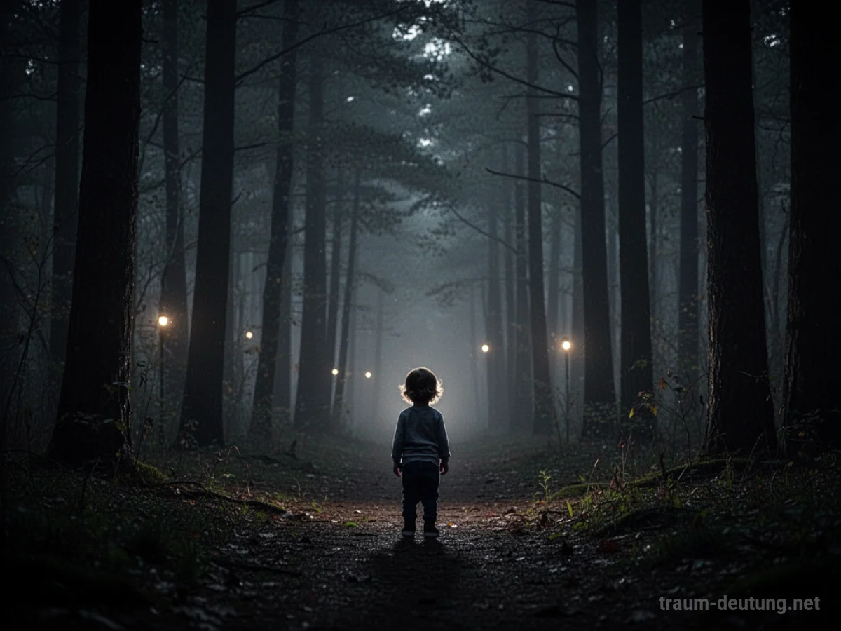 Ein Kind steht allein in einem dunklen Wald.