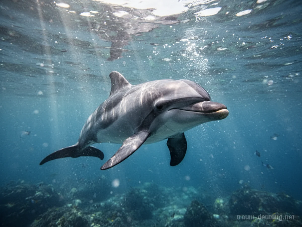 Ein kleiner Delfin schwimmt fröhlich in klarem, blauem Wasser.