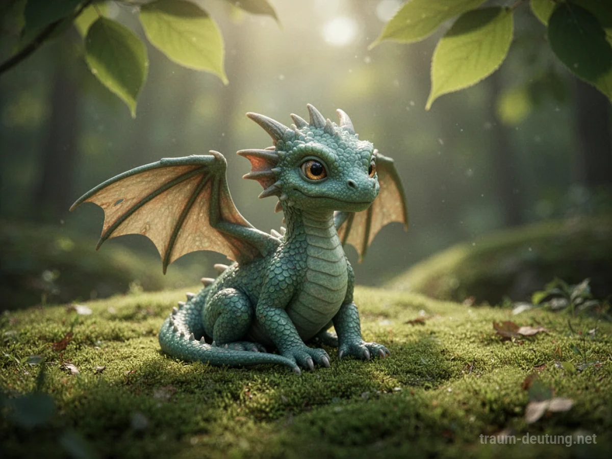 Ein kleiner, freundlich aussehender Drache sitzt auf Moos.