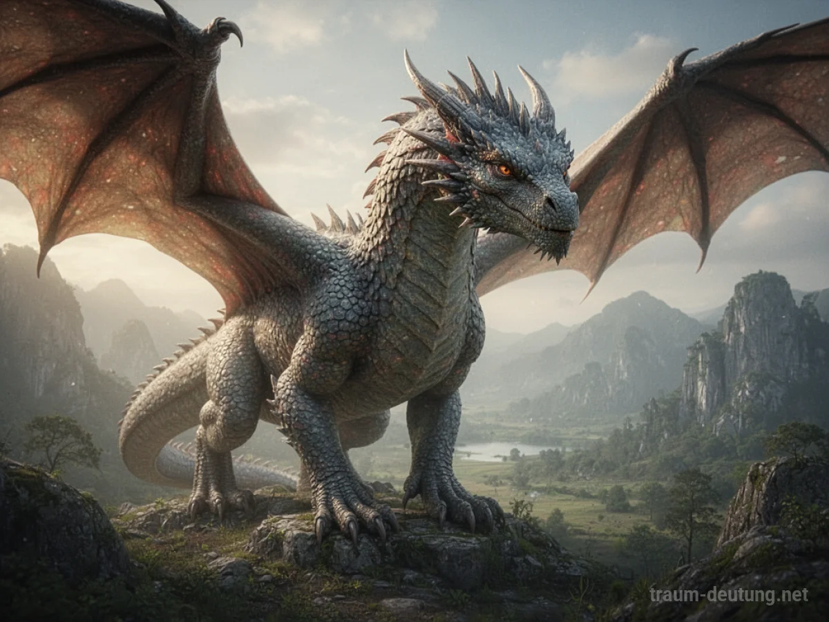 Ein majestätischer Drache in einer weitläufigen Landschaft.