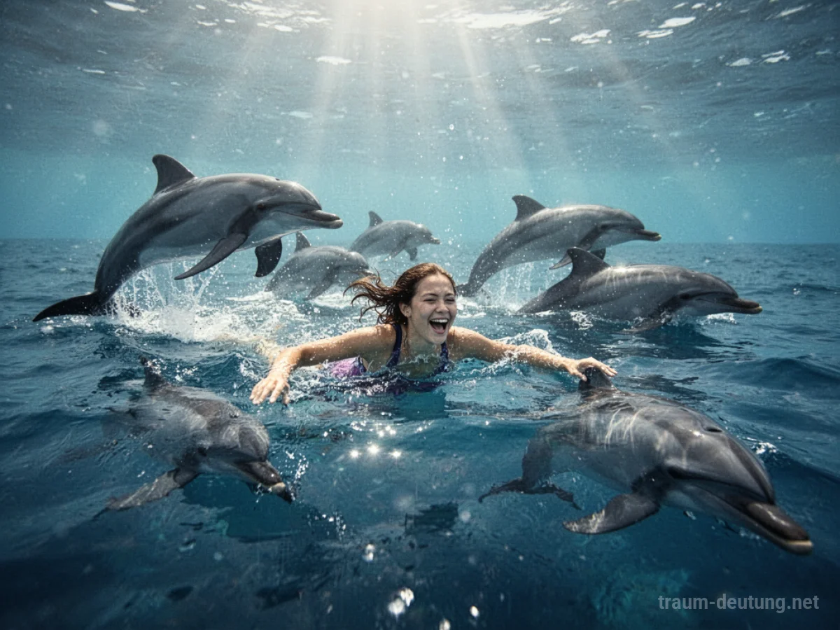 Person schwimmt glücklich mit Delfinen im klaren blauen Meer.