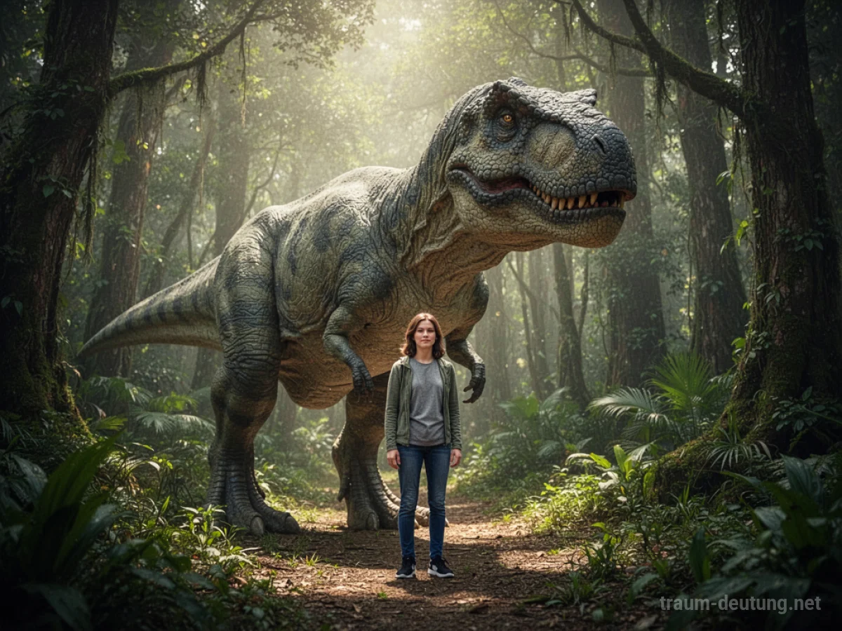 Eine Person spricht friedlich mit einem freundlichen Dinosaurier in einem urzeitlichen Wald.