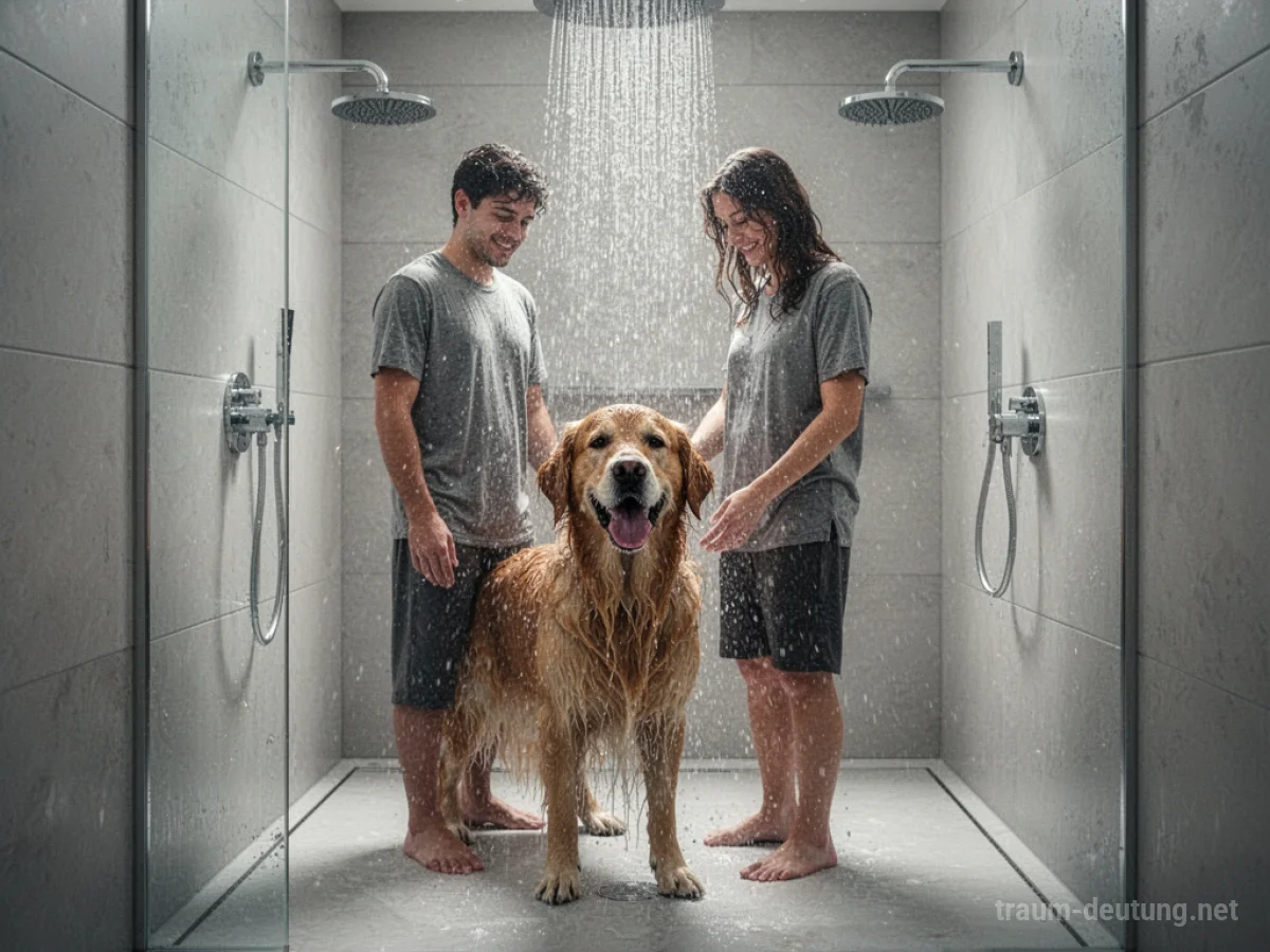 Person duscht mit einem fröhlichen Hund in einer modernen Duschkabine.