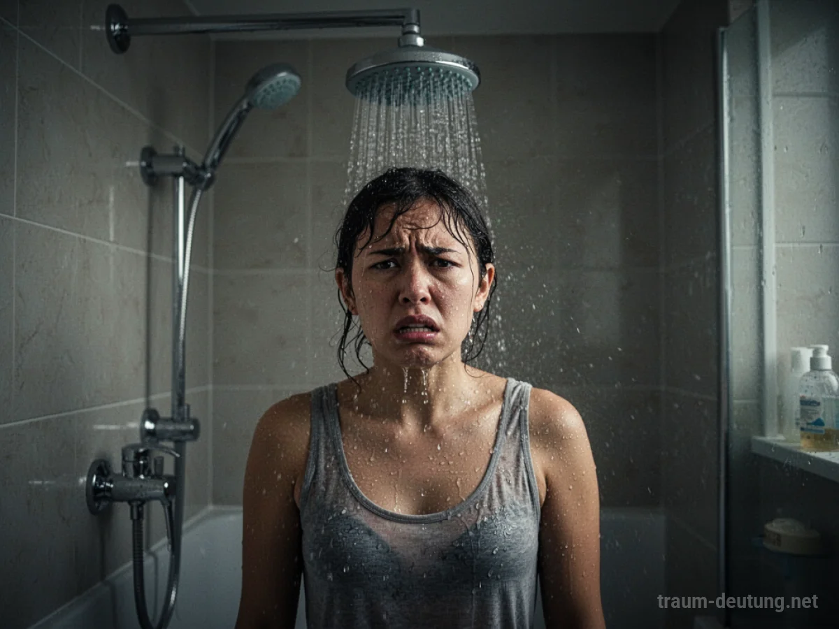 Person unter einer Dusche, aus der kein Wasser kommt.