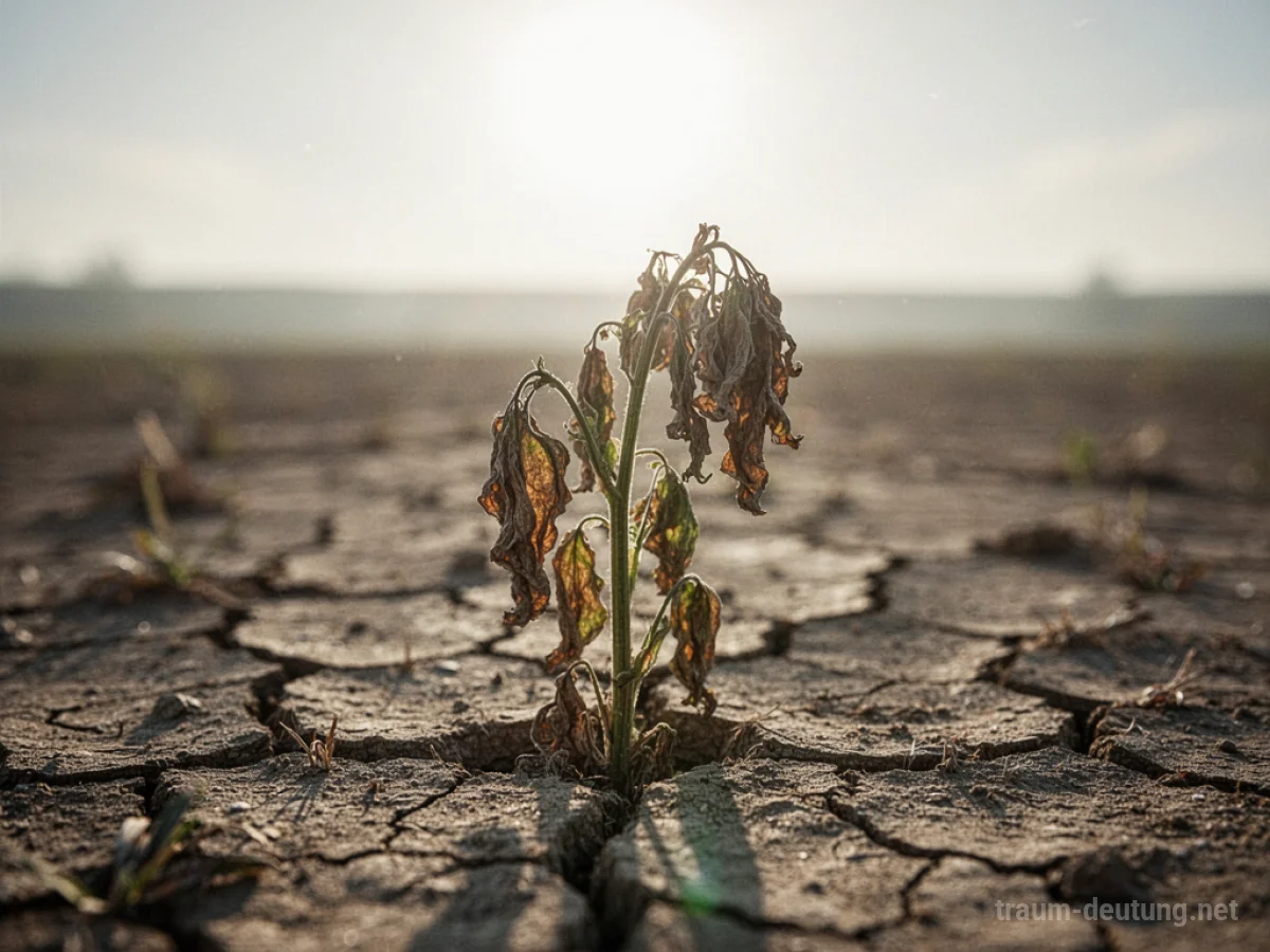Eine vertrocknete Pflanze in rissiger Erde unter strahlender Sonne.