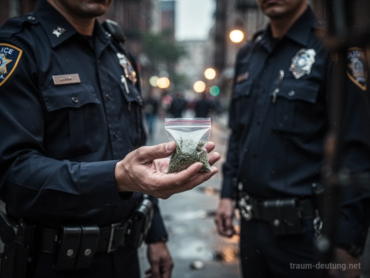 Polizist hält im Traum eine kleine Tüte mit Drogen in der Hand.