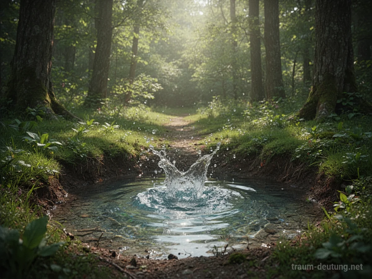 Eine klare Quelle sprudelt inmitten eines grünen Waldes, Sonnenlicht fällt auf das Wasser.