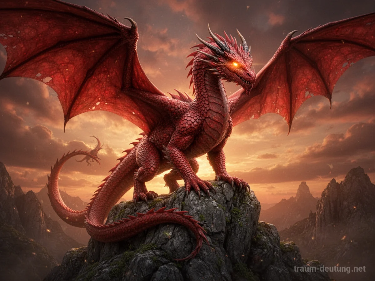 Ein majestätischer roter Drache auf einem Felsen vor einem feurigen Himmel.
