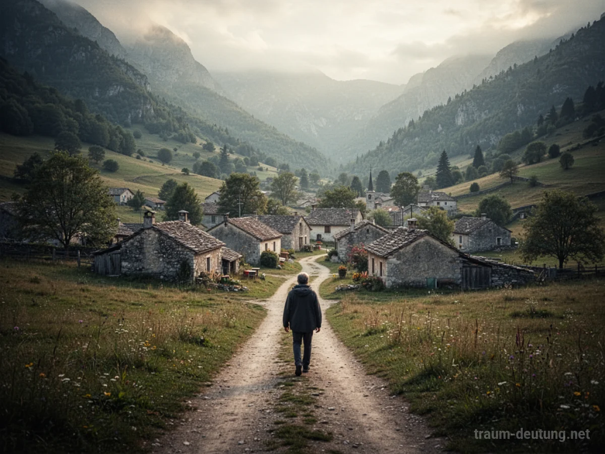 Eine Person geht einen Feldweg entlang auf ein kleines Dorf zu.
