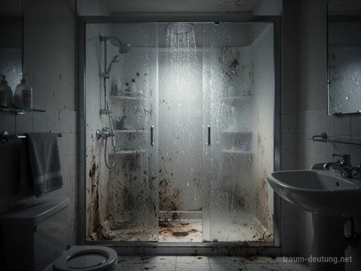 Eine schmutzige Duschkabine in einem dunklen Badezimmer, Wasserflecken und Seifenreste sind sichtbar.