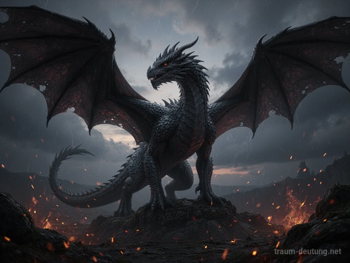 Silhouette eines schwarzen Drachen vor einem stürmischen Abendhimmel