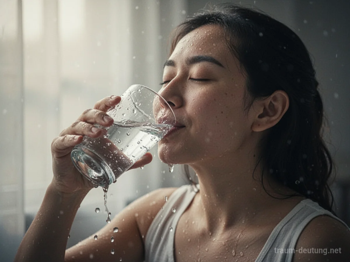 Eine Person trinkt genussvoll ein großes Glas Wasser in einer ruhigen Umgebung.