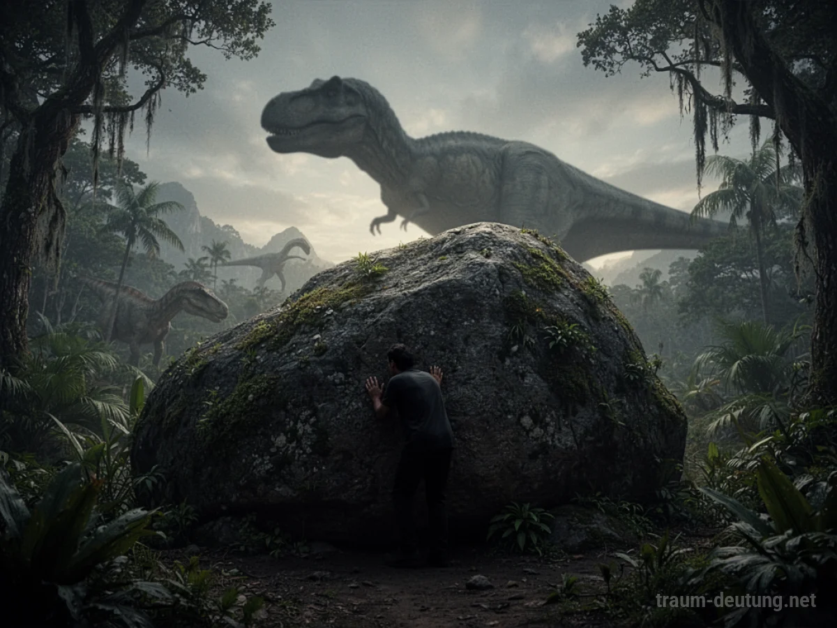 Person versteckt sich vor großem Dinosaurierschatten in prähistorischer Landschaft