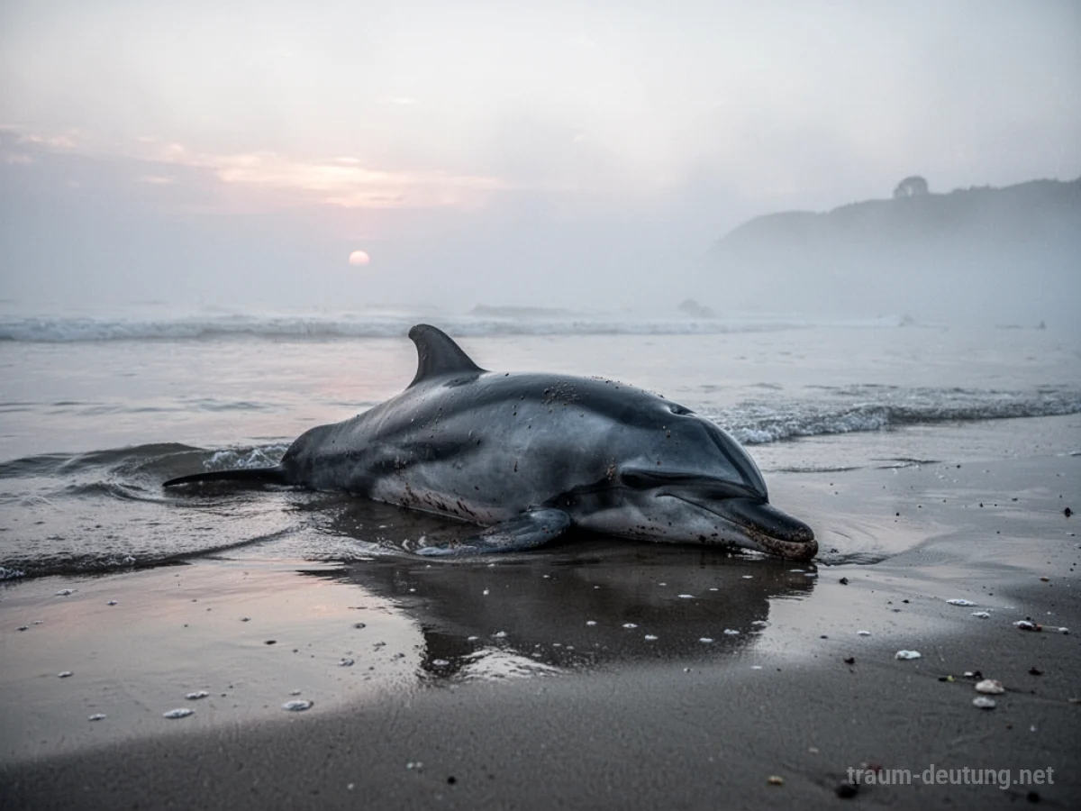 Ein toter Delfin liegt am Ufer eines nebligen Strandes.