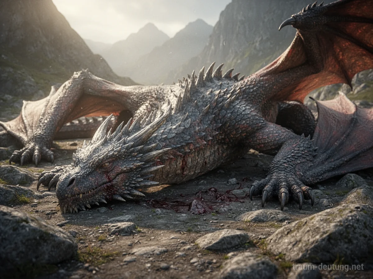 Ein toter Drache liegt friedlich auf felsigem Grund.