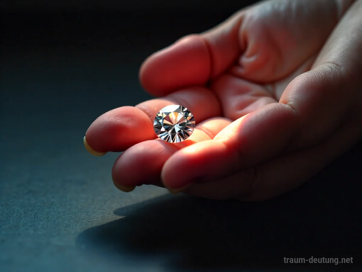 Eine Hand poliert einen funkelnden Diamanten, der Licht reflektiert.
