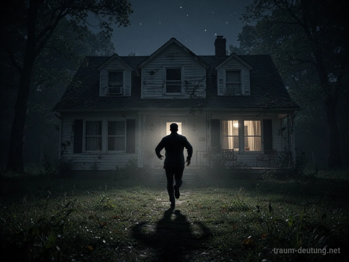 Schattenhafte Figur flieht in die Nacht, während ein Haus im Dunkeln zurückbleibt.