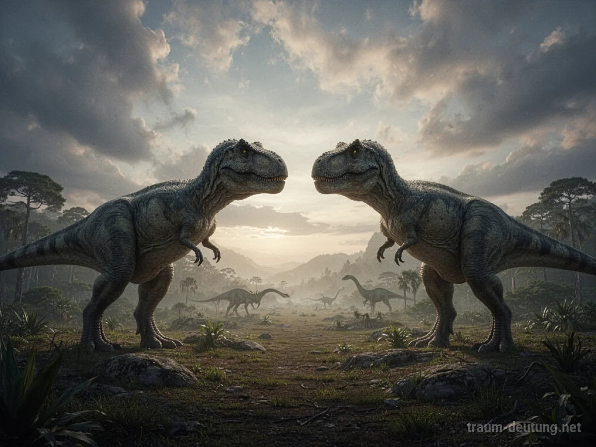 Zwei Dinosaurier-Silhouetten stehen sich in einer urzeitlichen Landschaft gegenüber.
