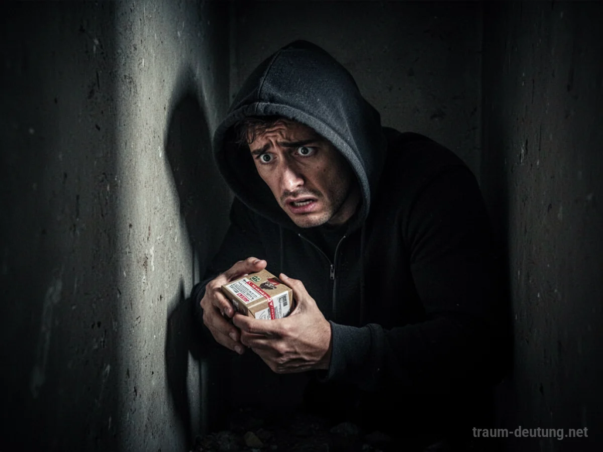 Schattenhafte Figur versteckt heimlich ein kleines Paket in einer dunklen Ecke.