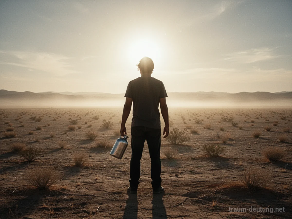 Silhouette einer Person in einer trockenen Wüstenlandschaft mit leerer Feldflasche.