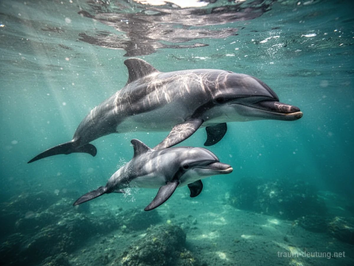 Ein kleines, verspieltes Delfinbaby schwimmt neben seiner Mutter im klaren Wasser.