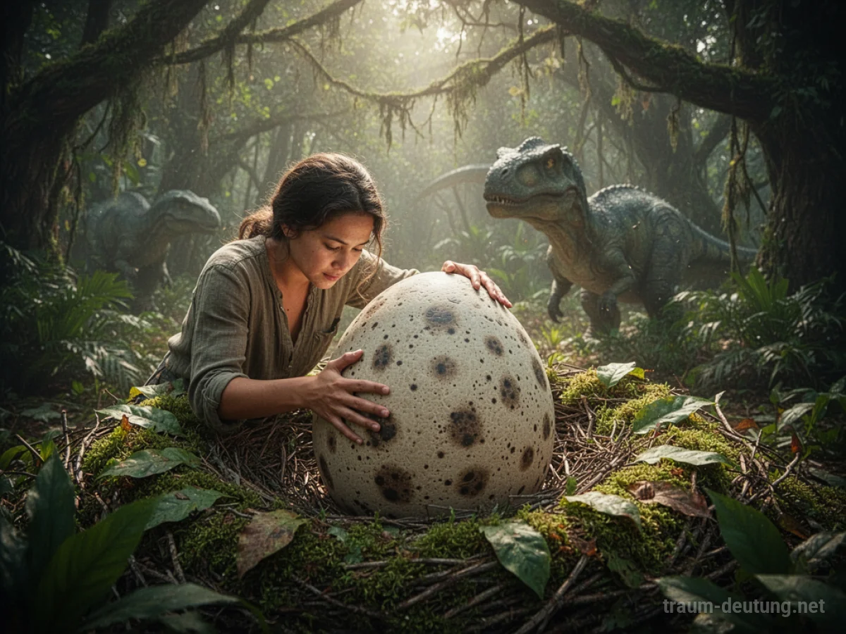 Eine Person, die ein großes, gesprenkeltes Dinosaurier-Ei in einem Nest aus Moos und Blättern behütet.