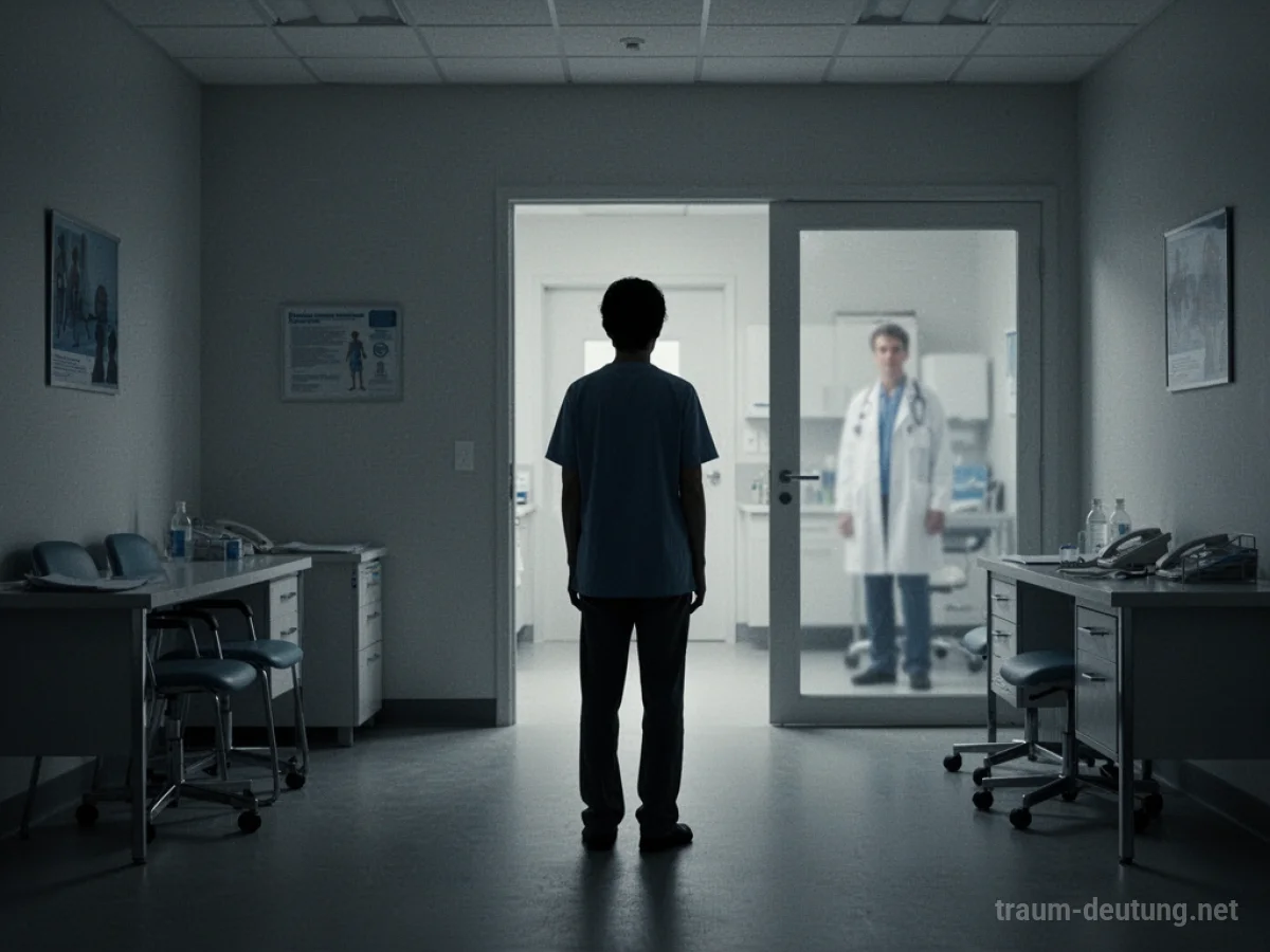 Silhouette einer Person in einem leeren Arztzimmer, während der Doktor sie ignoriert.
