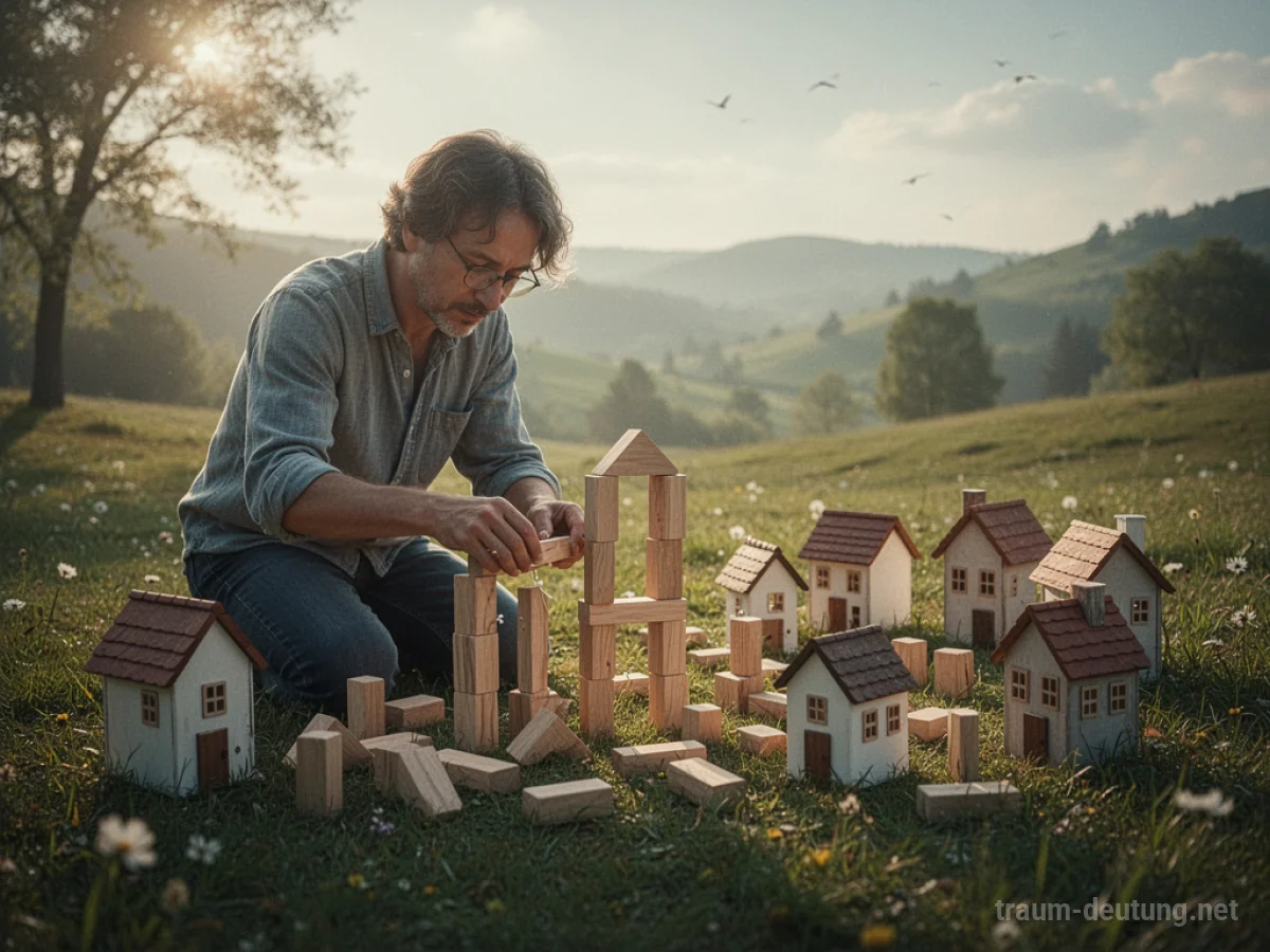 Person baut ein kleines Dorf aus Holzbausteinen in einer sonnigen Landschaft.