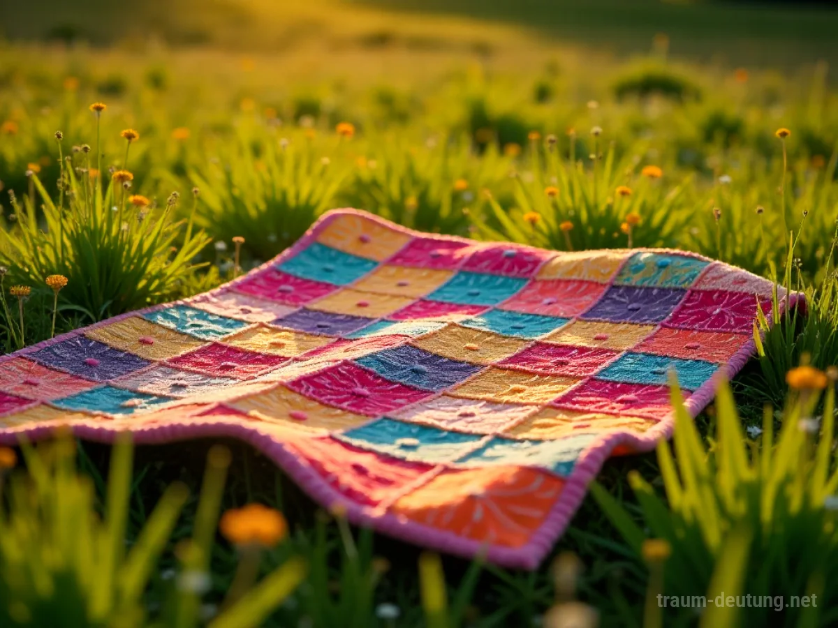 Eine bunte Patchwork-Decke liegt ausgebreitet auf einer sonnigen Wiese.