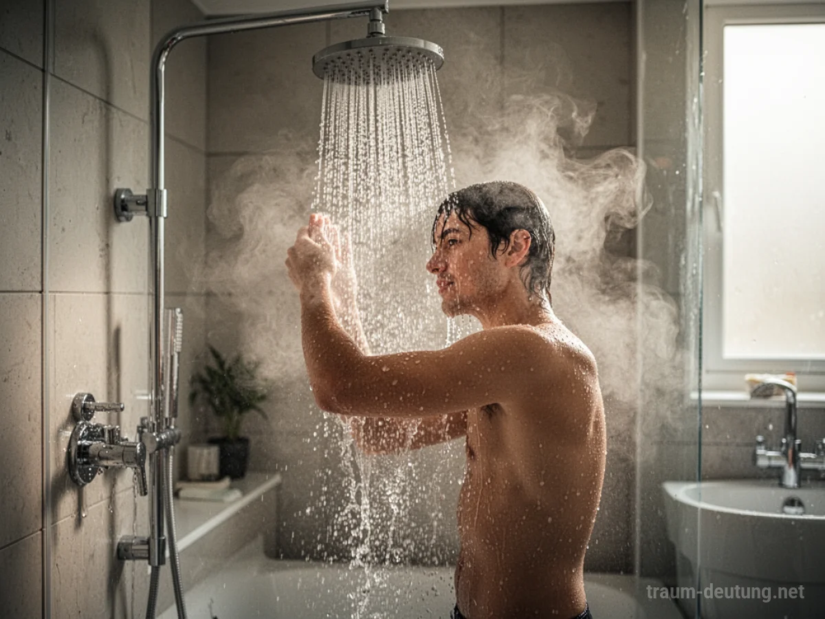 Eine Person, die unter einer warmen Dusche steht und Dampf aufsteigt.