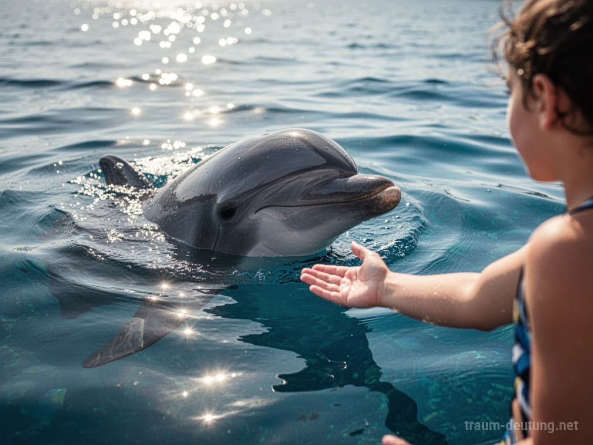 Eine Hand reicht einem Delfin im Wasser Futter entgegen.