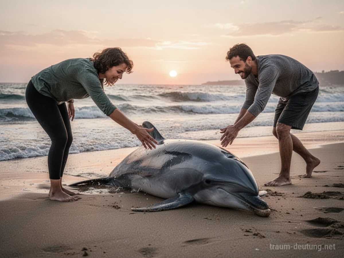 Person hilft einem Delfin am Strand aus dem Wasser