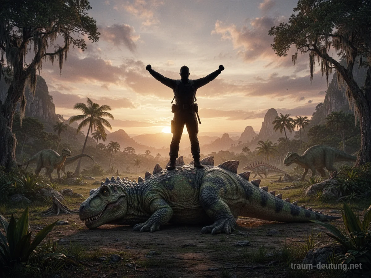 Silhouette einer Person über einem stilisierten Dinosaurier in einer prähistorischen Landschaft.