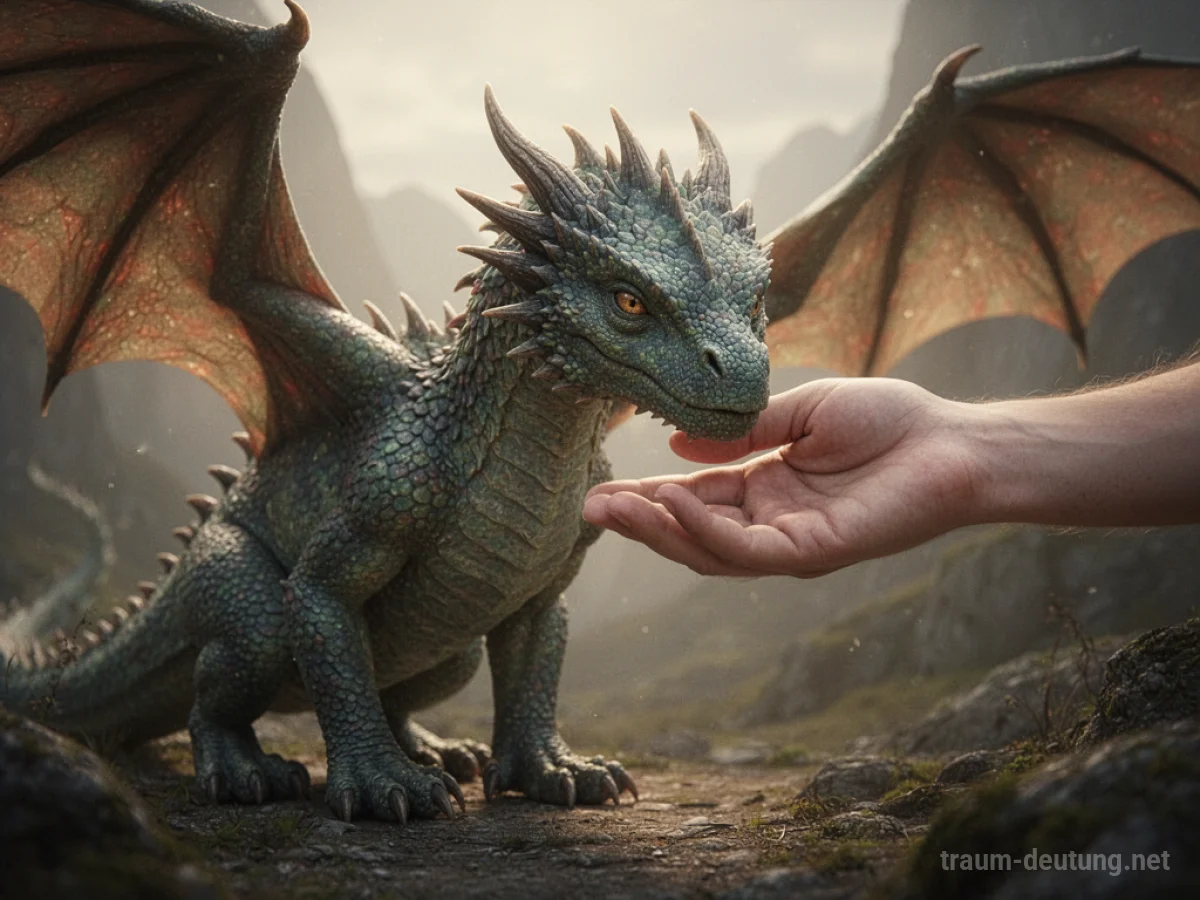 Ein Mensch zähmt sanft einen stilisierten Drachen in warmem Licht.
