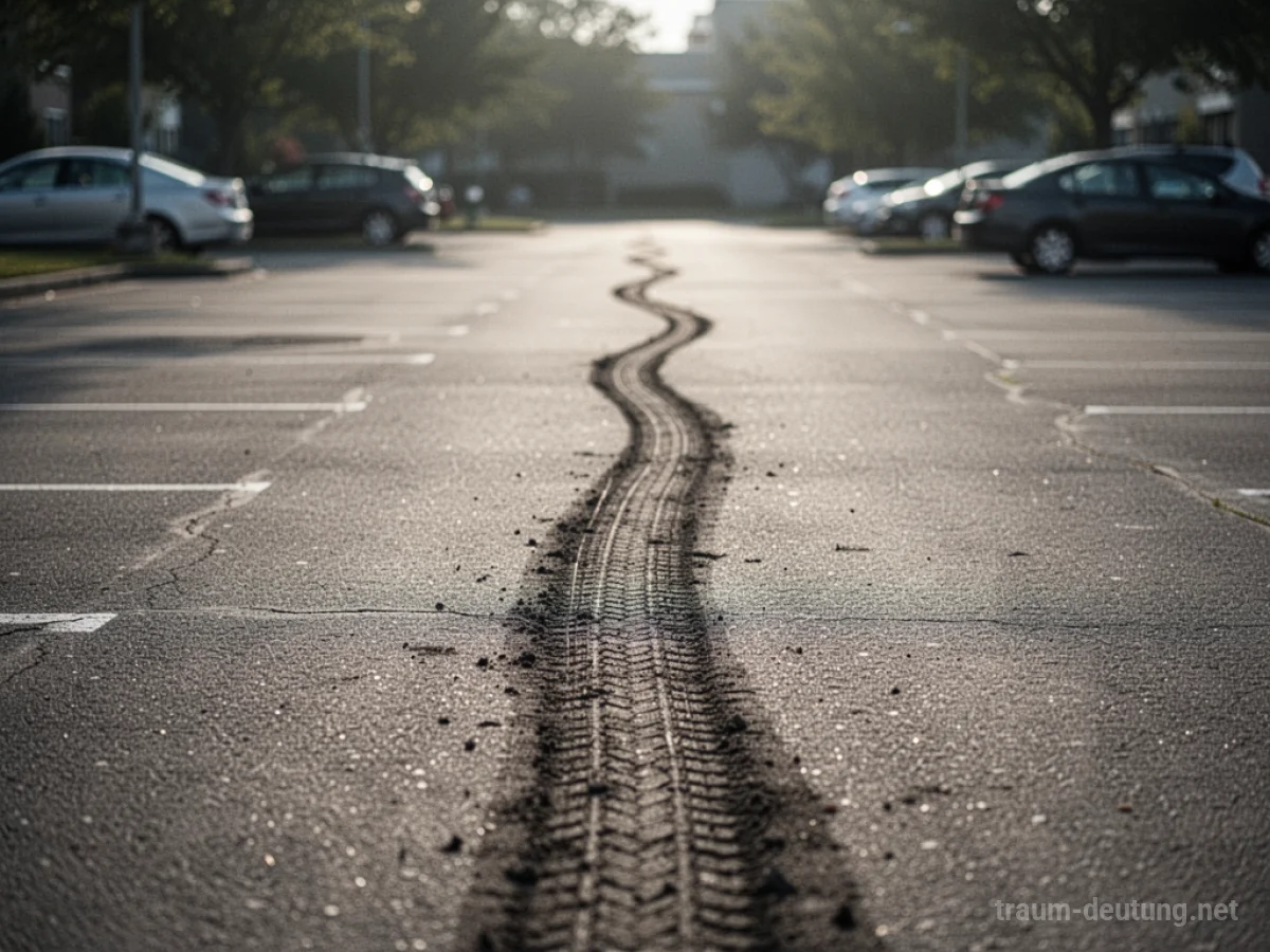 Leerer Parkplatz, auf dem ein Auto gestohlen wurde, mit einer einzelnen Reifenspur, die in die Ferne führt.