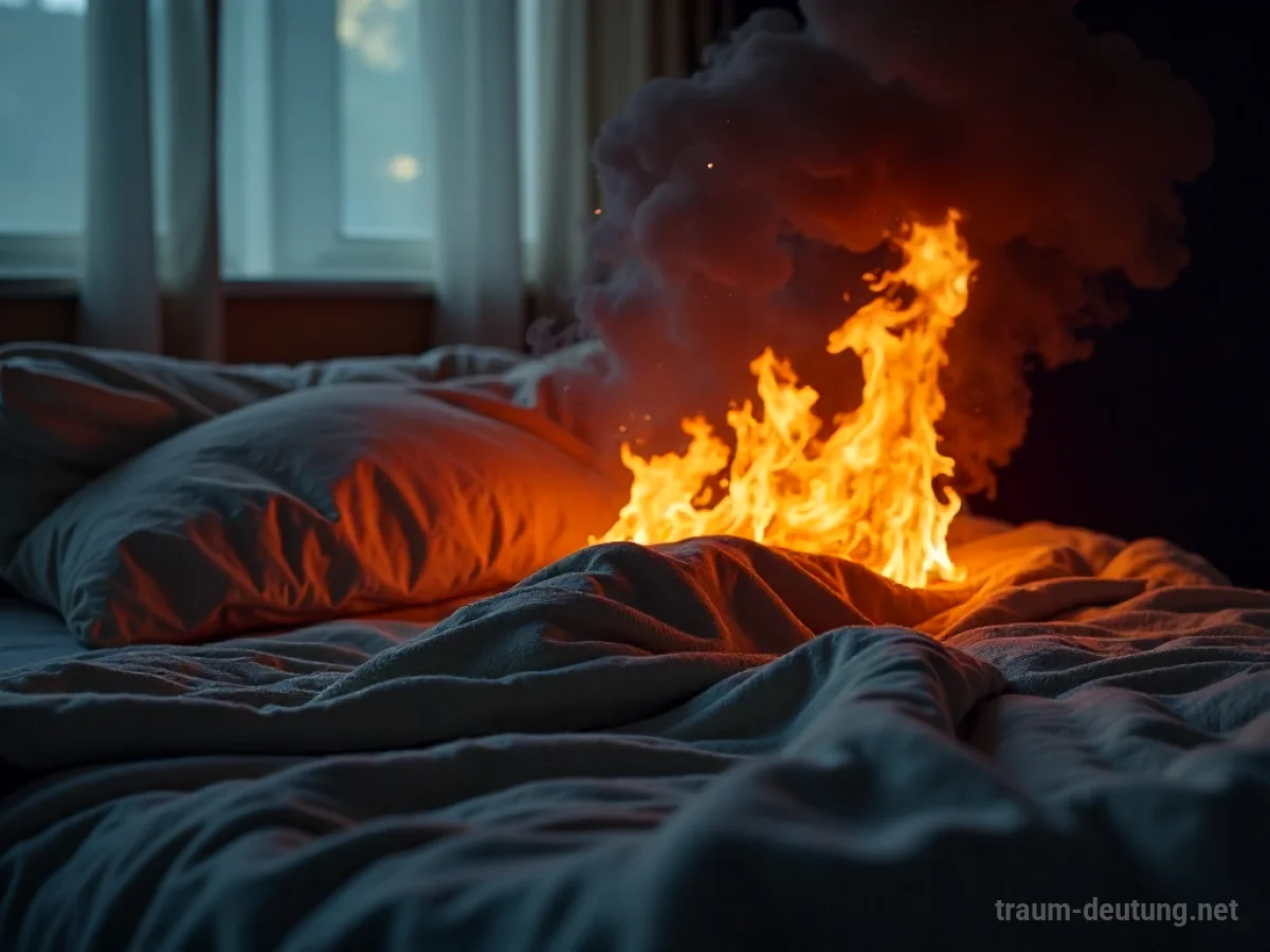 Brennende Decke im Schlafzimmer mit aufsteigendem Rauch.