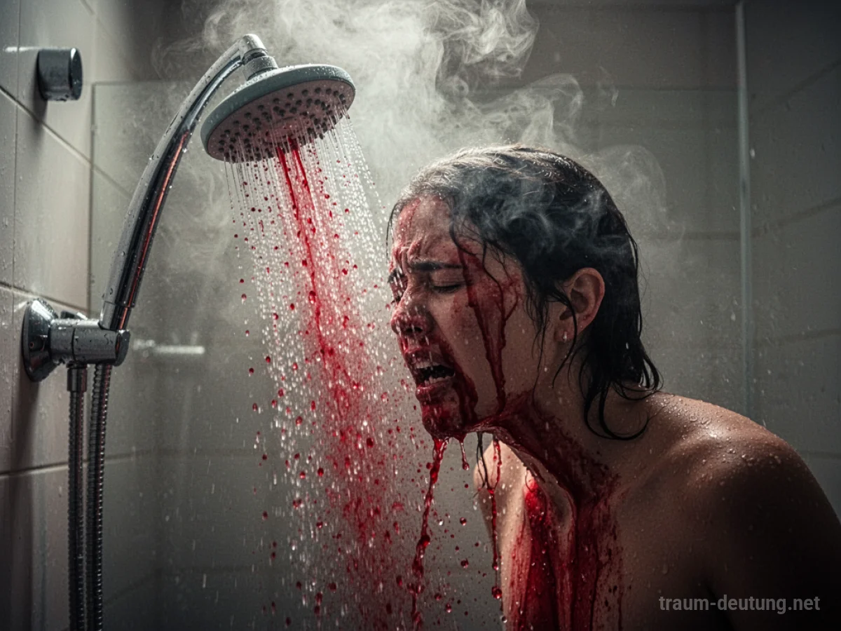 Dampfende Duschbrause mit heißem Wasser, eine Person im Hintergrund wirkt besorgt.