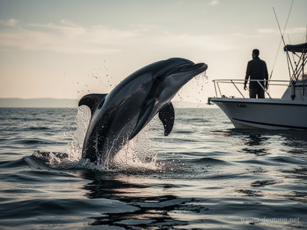 Ein Delfin springt bedrohlich aus dem Wasser, eine menschliche Silhouette auf einem Boot beobachtet.