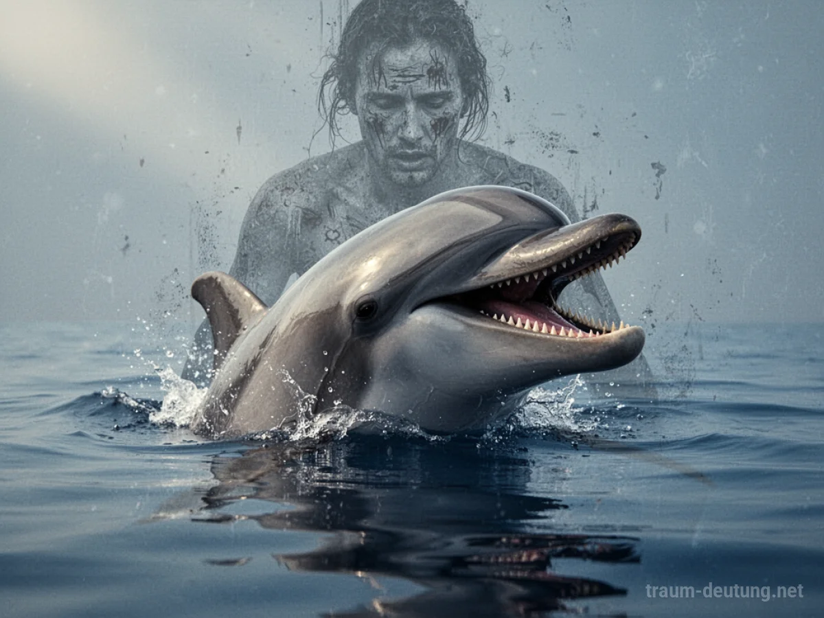 Symbolbild eines Delfins, der im Traum beißt, mit einer Silhouette im Wasser