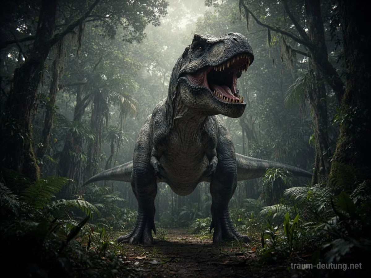 Ein riesiger Dinosaurier brüllt bedrohlich in einem dunklen Dschungel.