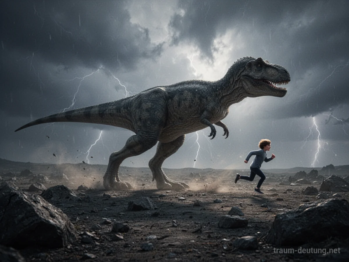 Mensch rennt vor einem Dinosaurier davon auf einer kargen Steppe