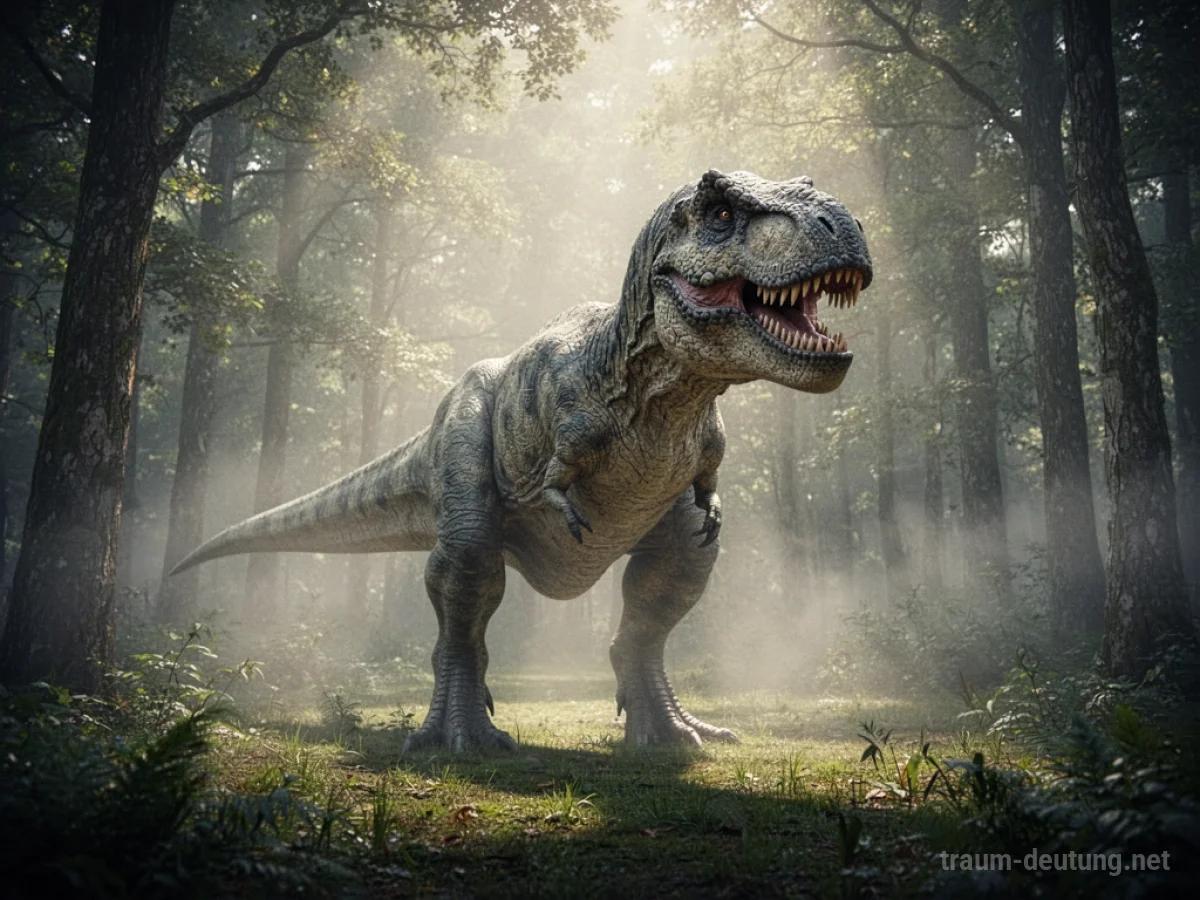 Ein lebendiger Dinosaurier steht in einem nebligen Waldlichtung.