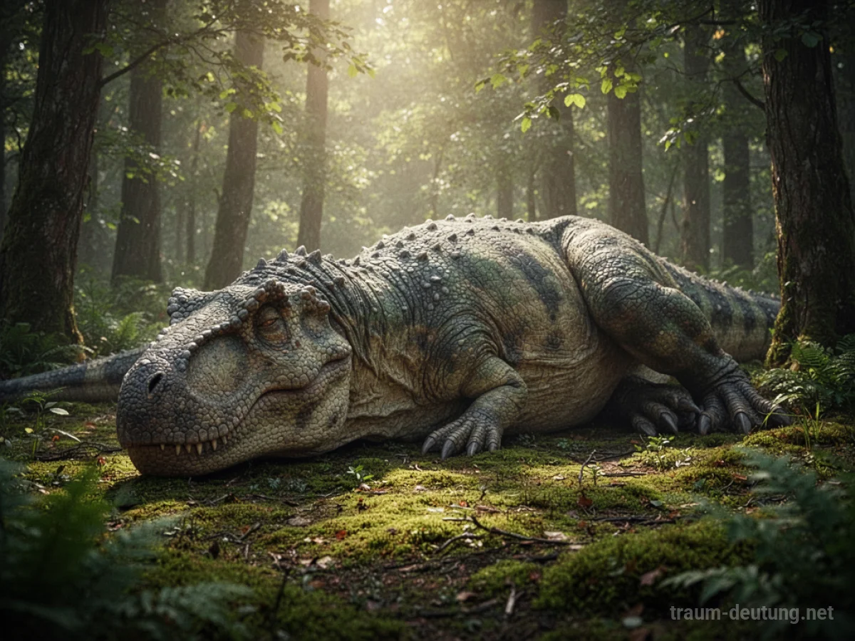 Ein Dinosaurier liegt friedlich auf einem Waldboden im Sonnenlicht.