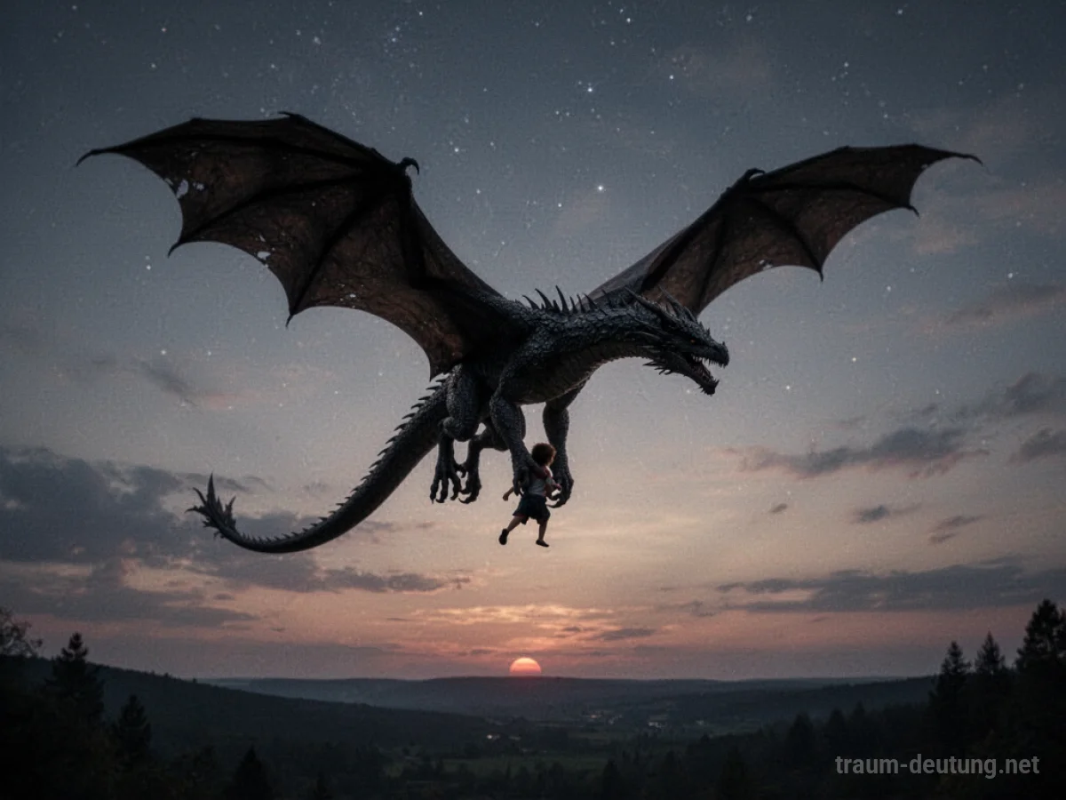 Silhouette eines Drachen, der ein Kind davonträgt, gegen einen Abendhimmel