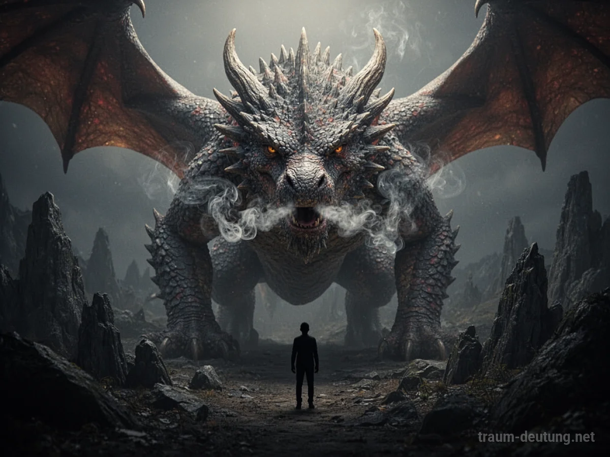 Ein großer Drache bedroht eine menschliche Silhouette in einer düsteren Landschaft.