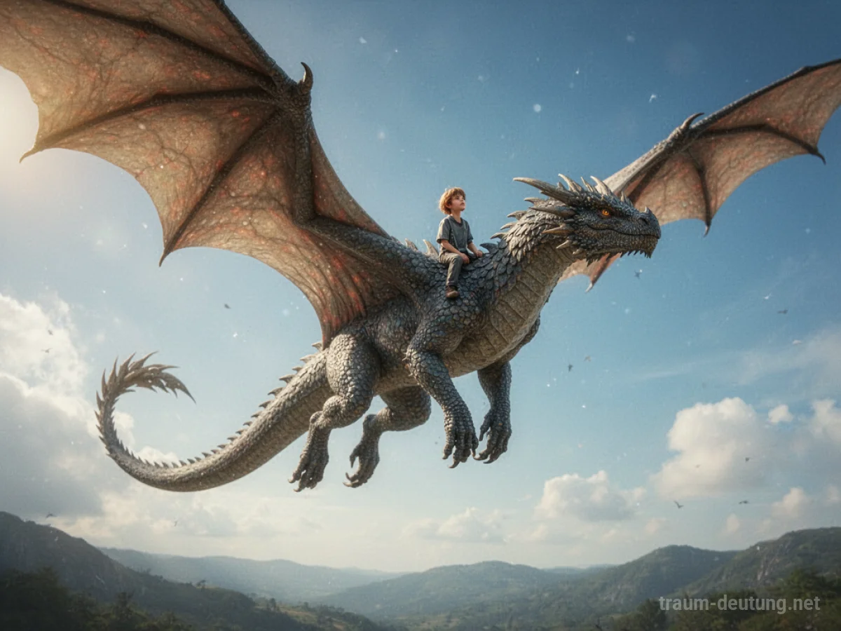 Ein majestätischer Drache trägt eine Person auf seinem Rücken durch den Himmel.