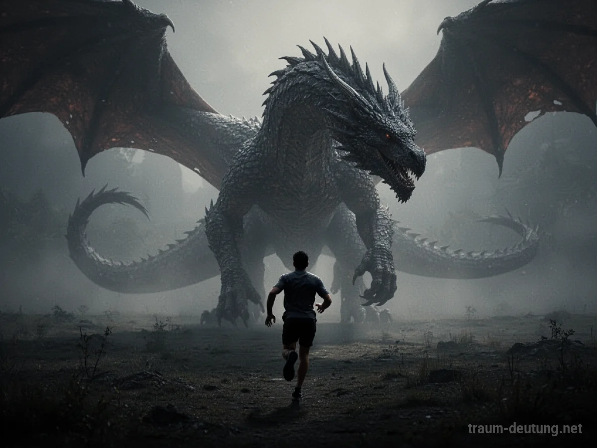 Silhouetten einer Person, die vor einem riesigen Schatten-Drachen flieht