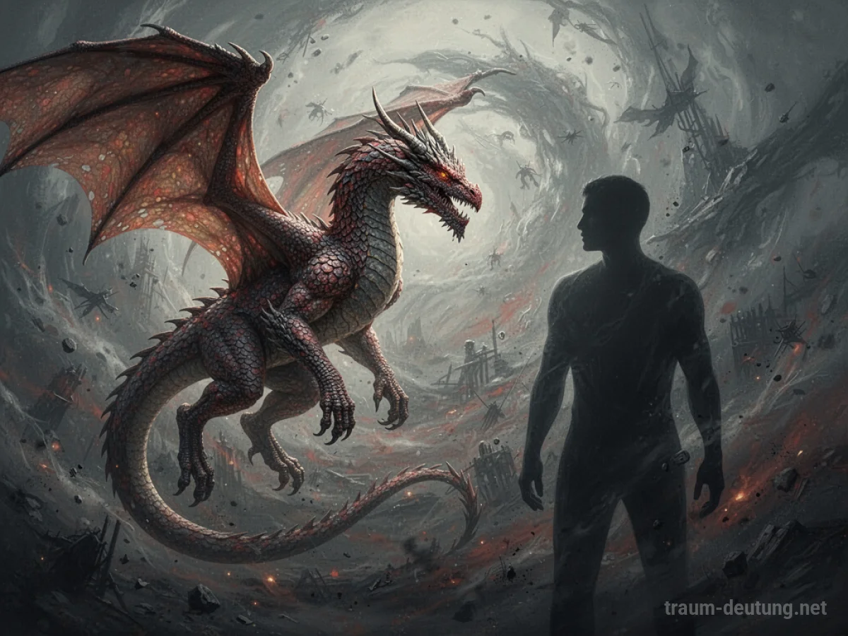Ein stilistischer Drache im Kampf gegen eine dunkle menschliche Silhouette.