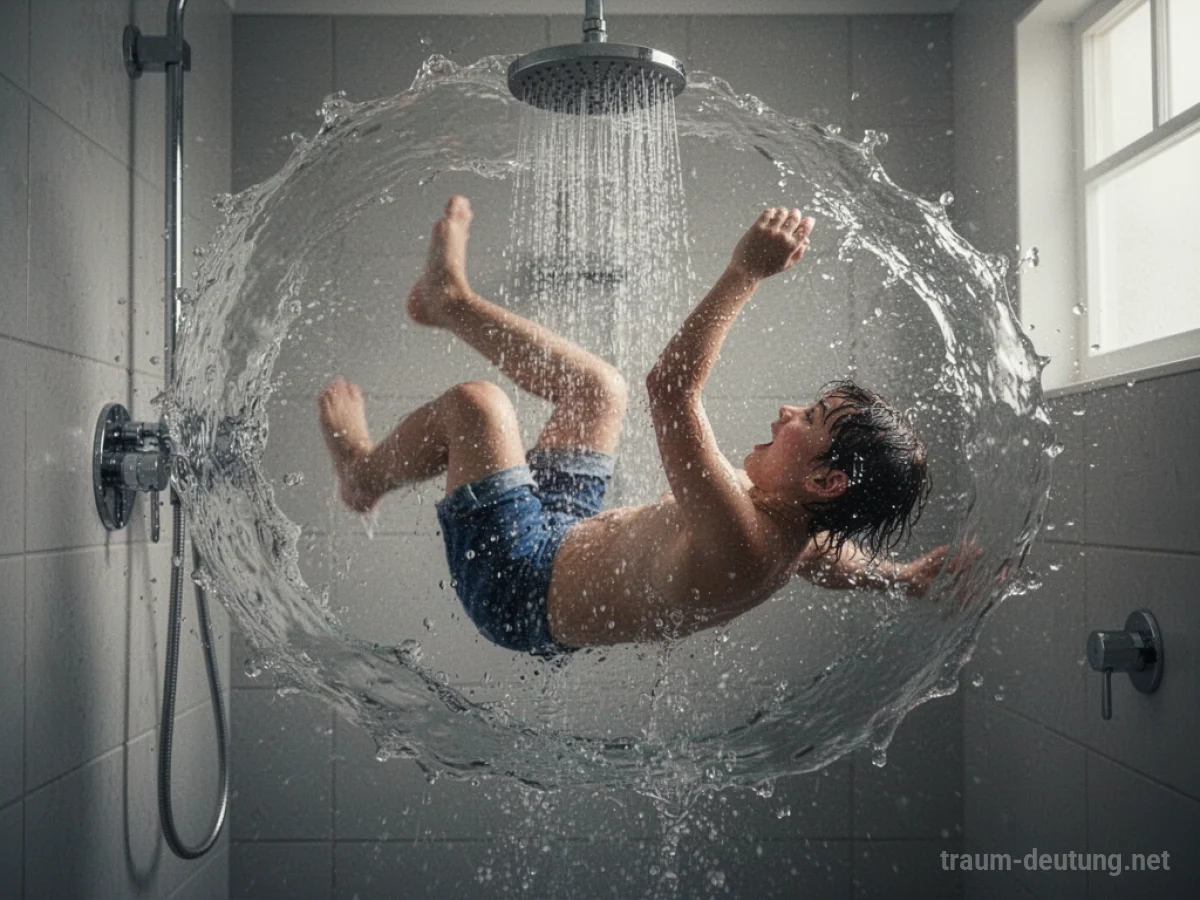 Symbolische Darstellung einer Person, die in einer Dusche fällt, mit Wasser und Bewegung